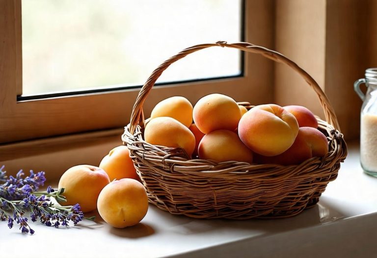 Image photoréaliste d'un petit panier rempli d'abricots légèrement pas mûrs à côté d'une fenêtre de cuisine, baigné dans une douce lumière d'après-midi, avec quelques brins de lavande séchée et un pot de sucre à proximité.