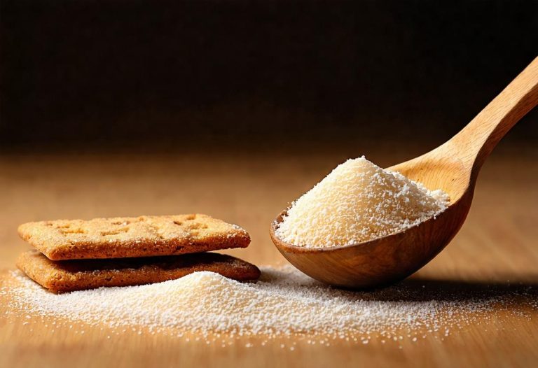 Gros plan d'un biscuit speculoos doré à côté d'une cuillère de sucre vergeoise humide, les grains de sucre éblouissants sous une lumière naturelle douce.