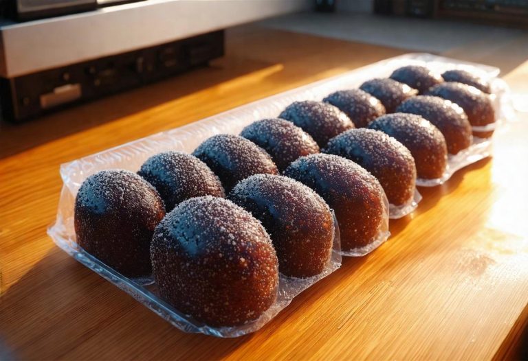 Image photoréaliste d'un boudin noir sous-vide disposé soigneusement sur un comptoir en bois, avec du givre formant sur les bords du plastique sous un éclairage de cuisine ambiant.