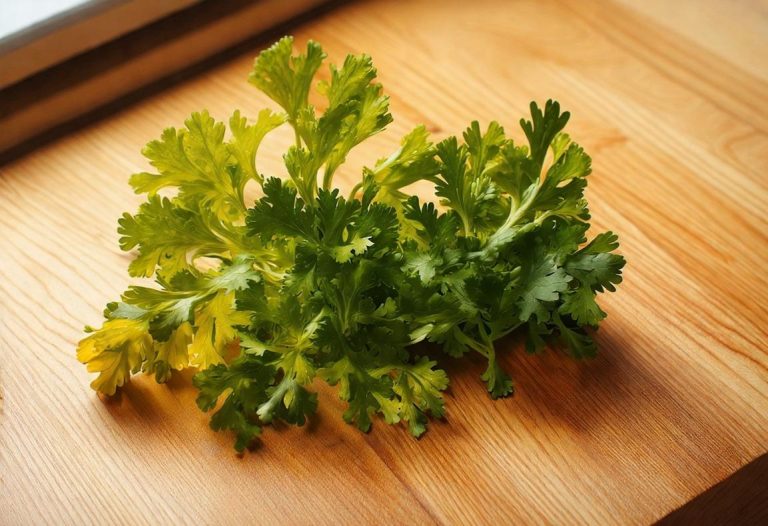 Image photoréaliste de feuilles de persil partiellement jaunies, posées sur un comptoir de cuisine en bois, avec un contraste subtil entre les parties vertes fraîches et les sections jaunes flétries, éclairage latéral dramatique, très détaillé.