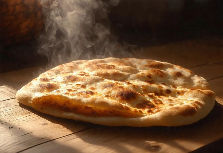 Image photoréaliste d'une piadina fraîchement chauffée sur un comptoir de cuisine rustique en bois, éclairée par la lumière douce du soleil de l'après-midi.