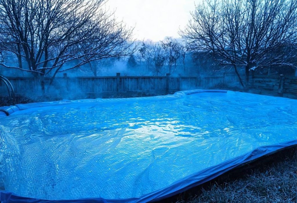 Une image photoréaliste d'une piscine de jardin couverte d'une couverture de piscine en bulles, entourée d'herbe givrée et d'arbres sans feuilles, avec de la brume matinale s'élevant de l'eau, dans des tons bleus froids, avec un éclairage d'hiver ambiant.