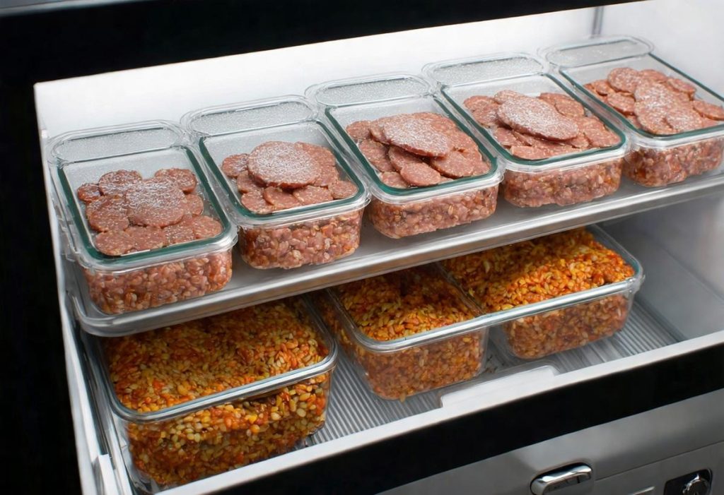 Image photoréaliste d'un tiroir de congélateur à moitié ouvert avec des récipients soigneusement empilés contenant des lentilles cuites et des tranches de saucisses, légère condensation sur les couvercles en plastique, éclairage doux et frais, textures lisses et détaillées.