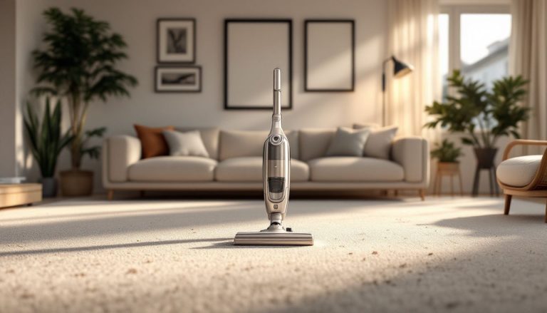 Aspirateur puissant posé dans un salon moderne et épuré.