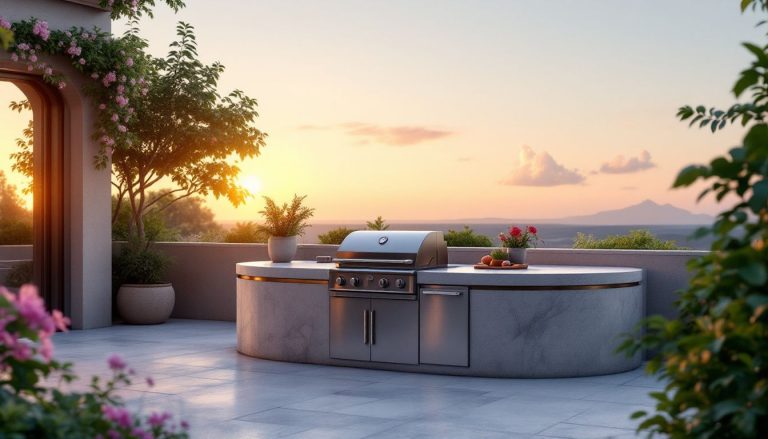 Cuisine extérieure raffinée éclairée par la lumière douce du crépuscule.