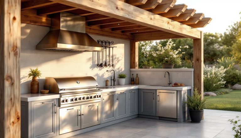 Cuisine extérieure alliant bois et acier, équipée de plans de travail et d'espaces de rangement.