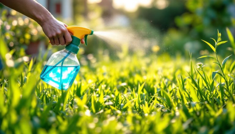Un pulvérisateur posé sur un chemin envahi par la végétation.