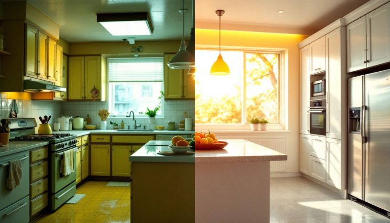 Transformation d'une cuisine ancienne avec des éléments modernes et un aménagement repensé.