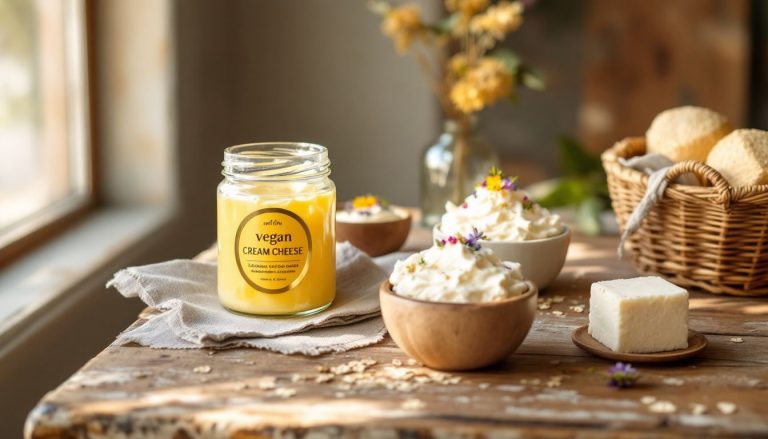 Variétés de fromage à la crème disposées sur un plat, accompagnées de garnitures colorées.