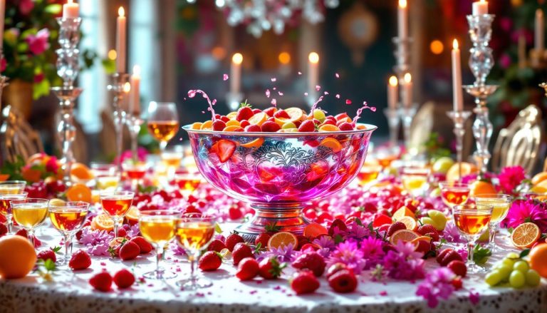 Bol en verre rempli de punch coloré et garni de fruits frais.