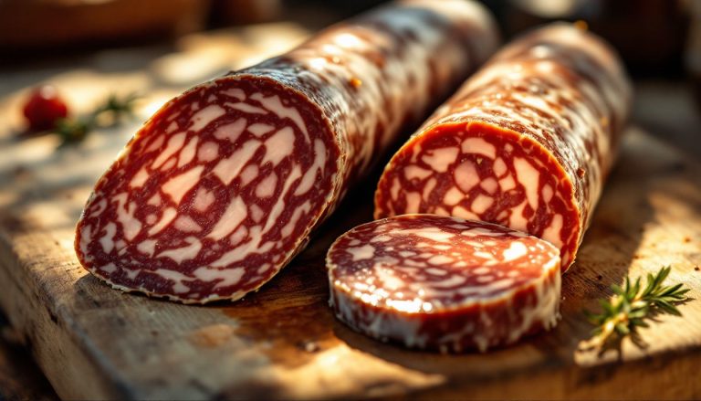 Assortiment de charcuterie artisanale disposé sur une planche en bois, éclairé par une douce lumière naturelle.