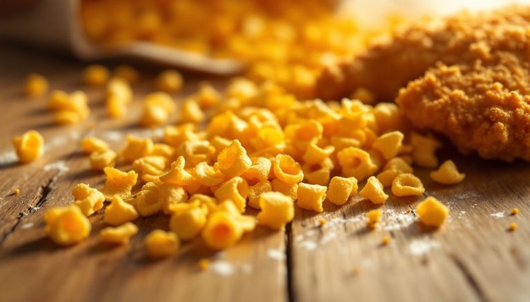 Flocons de maïs surmontés de morceaux de poulet.