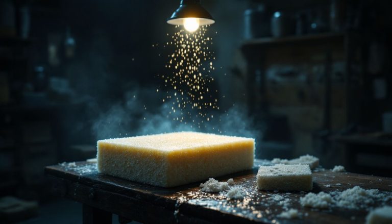 La laine de verre imbibée repose sur une surface, présentant une texture fibreuse et des teintes variées.