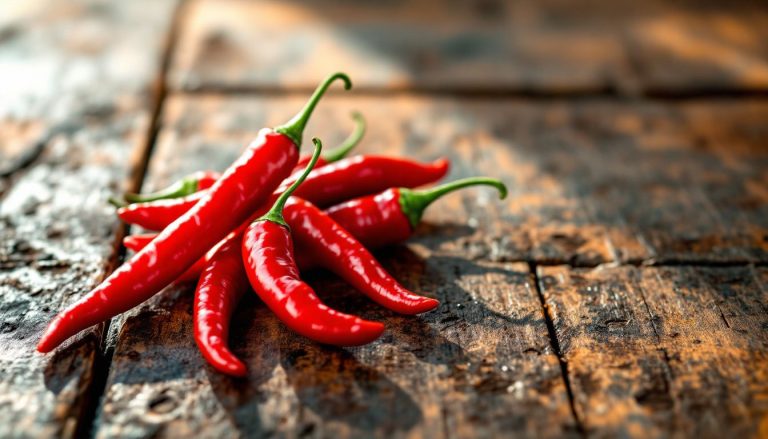 Piments italiens disposés sur une table rustique en bois.