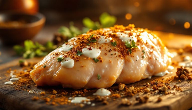 Poulet mariné posé sur une table en bois dans une cuisine rustique.