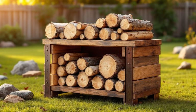 Râtelier en bois sous un soleil éclatant, présentant des outils de jardinage soigneusement rangés.