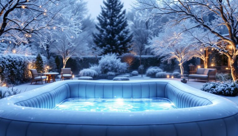 Un spa gonflable installé sous une fine couche de neige, offrant une ambiance hivernale apaisante.