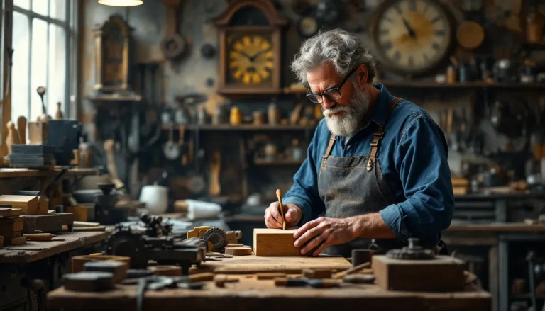 Un artisan multitâches travaille dans son atelier, entouré d'outils et de matériaux divers.