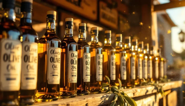 Bouteilles d'huile d'olive au reflet doré, ornées d'étiquettes élégantes.
