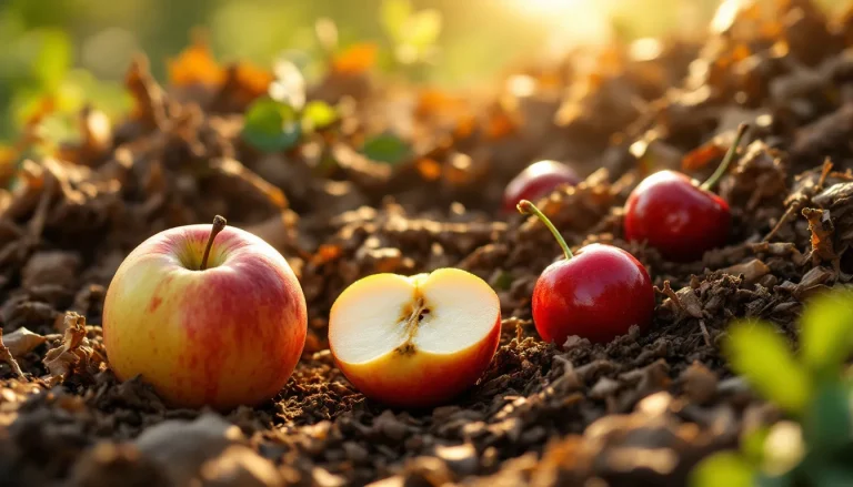 Cœurs de fruits entassés dans un compost, illustrant le recyclage des déchets organiques.