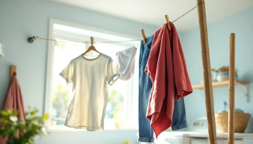 Ligne à linge artisanale illuminée, comportant des vêtements suspendus.