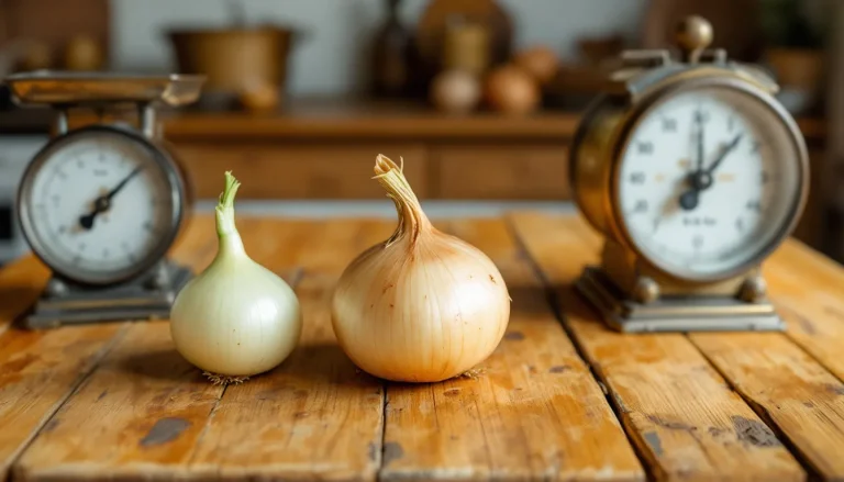 Des oignons frais disposés sur une balance vintage au charme rétro.