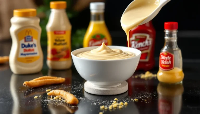 Sauce Deluxe McDonald's faite maison présentée dans un bol en céramique, accompagnée d'ingrédients frais.