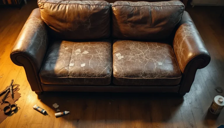 Sofa abîmé avec des outils et des matériaux de réparation à proximité.