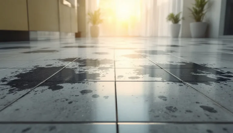 Sol carrelé marqué par des traces visibles, suggérant une récente activité.