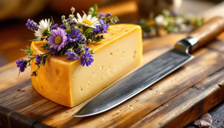Tomme fleurie disposée sur une planche en bois rustique.