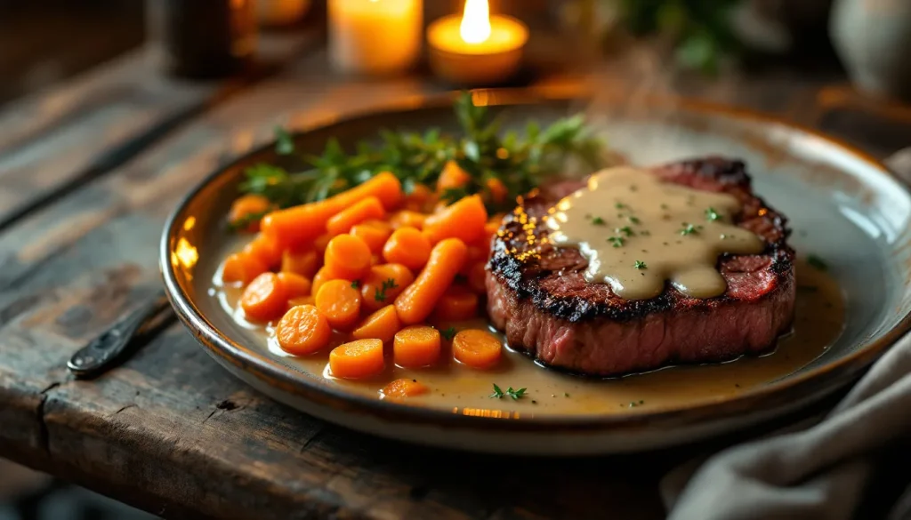 Un plat composé de carottes Vichy accompagnées d'un steak savoureux.