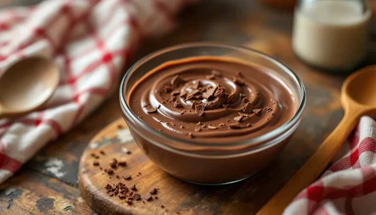Crème au chocolat onctueuse garnie de copeaux de chocolat et d'une touche de crème fouettée.