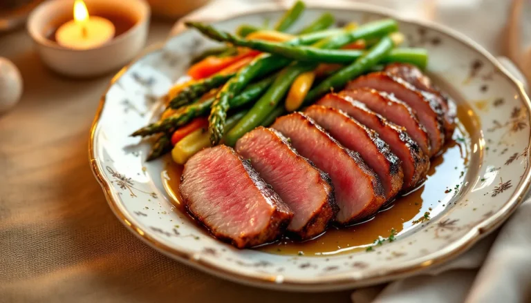 Magret de canard accompagné de légumes rôtis, présentés dans une assiette élégante.