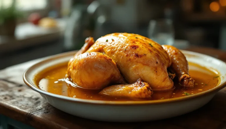 Poulet mariné au vin jaune accompagné d'herbes et d'épices dans une assiette.