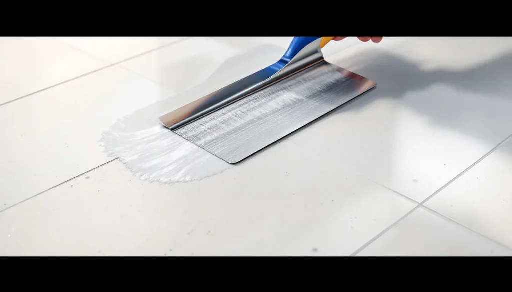 Application de colle flexible sur une surface, illustrant un usage pratique et fonctionnel.