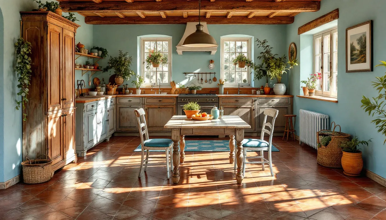 Cuisine rustique avec des éléments en bois et des teintes chaleureuses.