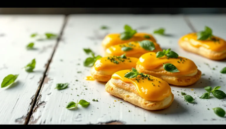 Éclairs au yuzu et au basilic joliment disposés sur une table rustique en bois.