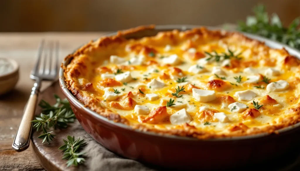 Gratin appétissant aux textures crémeuses et ingrédients colorés.