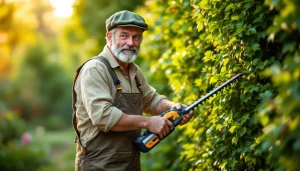 Un jardinier fatigué méthodiquement en train de tailler des plantes avec aisance.