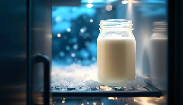 Kéfir lumineux reposant sur une étagère dans un réfrigérateur.