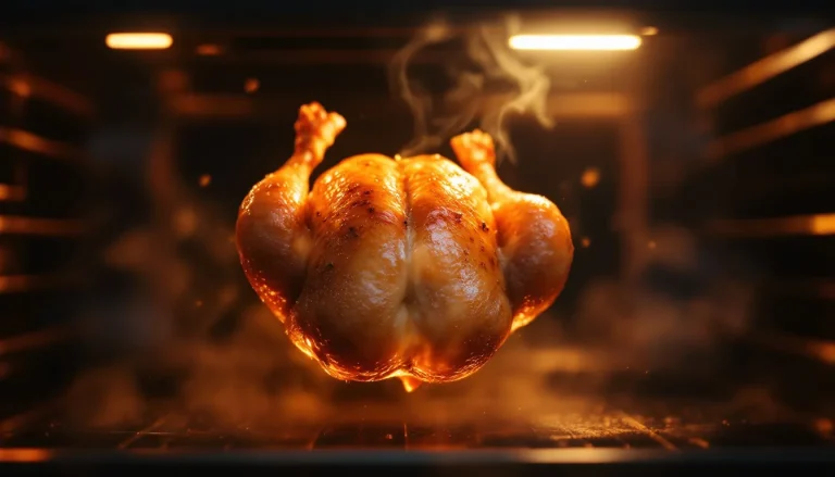Poulet rôti doré, en train de cuire dans un four.