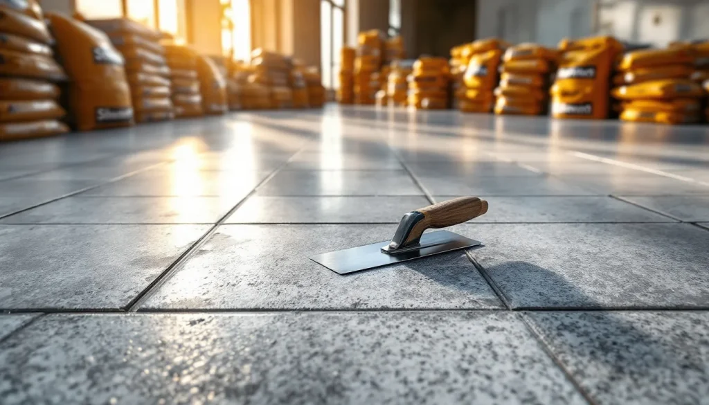 Personne en train de préparer un projet de carrelage avec des outils et des matériaux disposés sur une table.