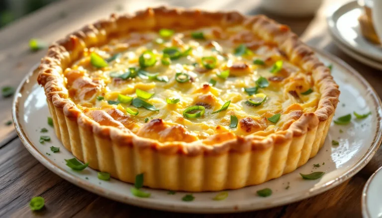Quiche aux poireaux dorée, présentée sur une assiette élégante.