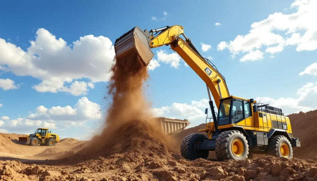 Site d'excavation en action avec des machines lourdes au travail sur un terrain en pleine transformation.