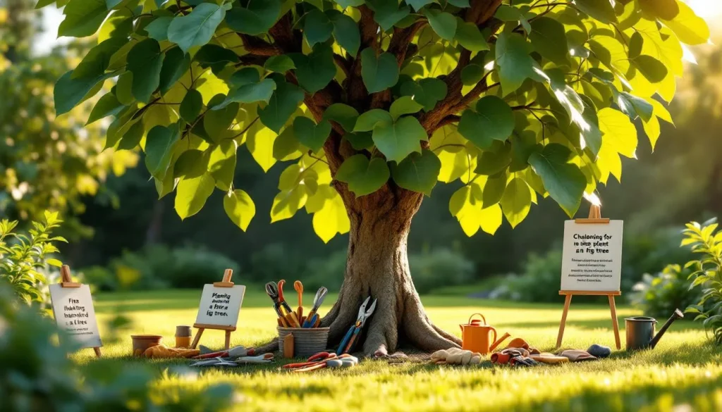 Figuerai ensoleillée avec des outils de jardin disposés sur l'herbe.