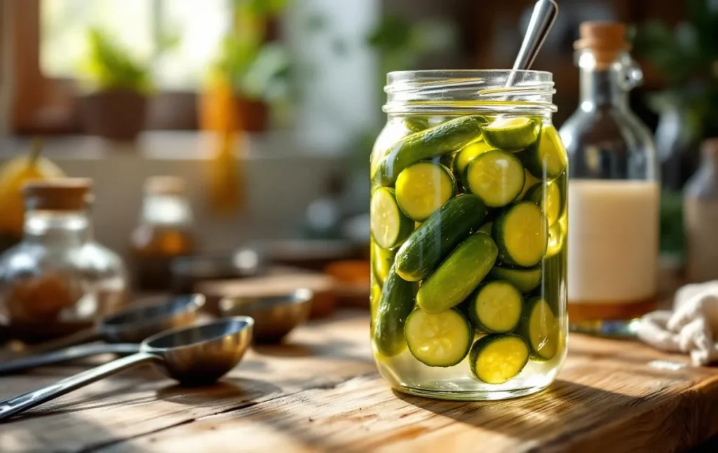 Bocaux en verre remplis de cornichons marinant dans une saumure.