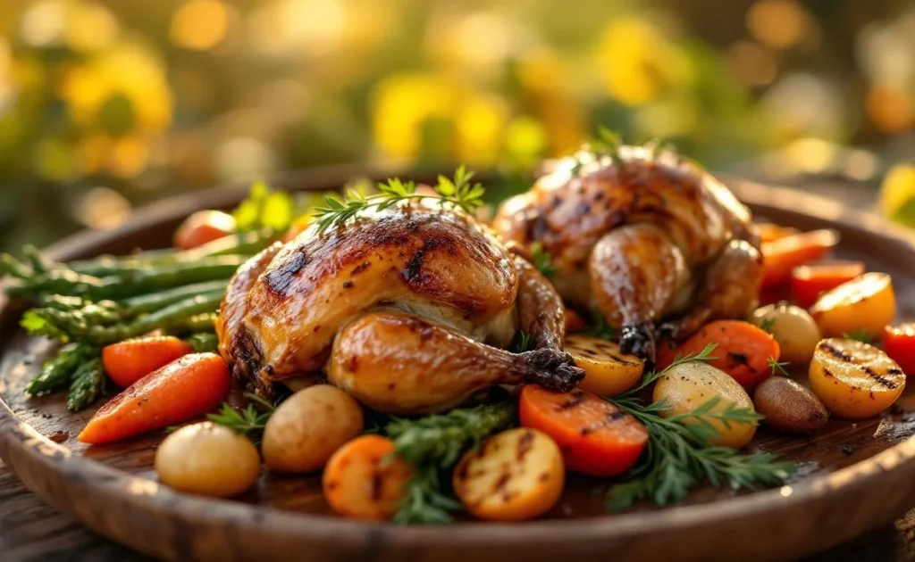 Cailles rôties accompagnées de légumes grillés disposés dans une assiette.
