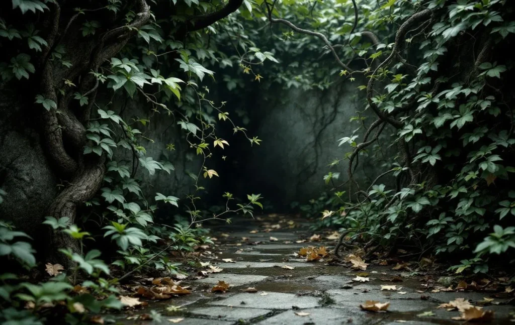 Des lianes envahissantes couvrent une partie du jardin.