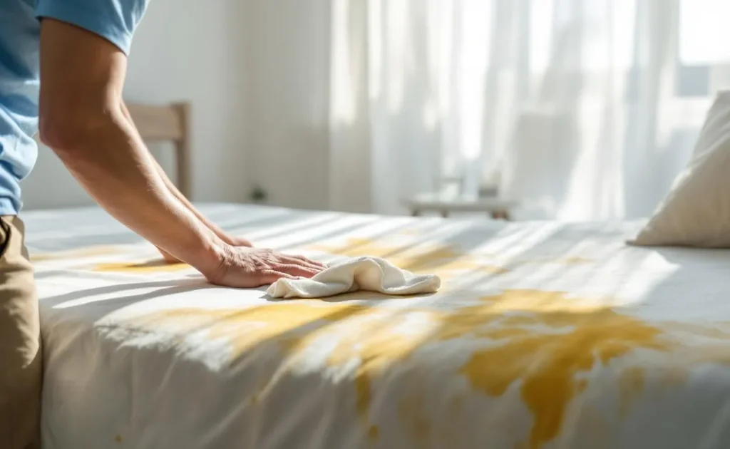 Une personne nettoie délicatement un matelas avec un chiffon et un produit adapté.