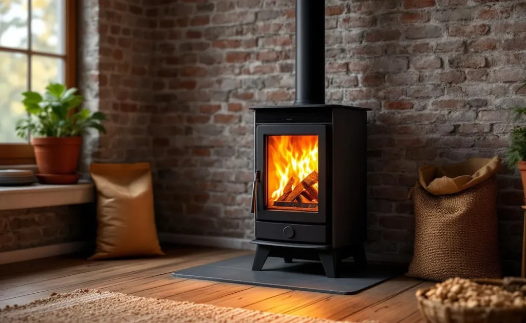 Poêle à granulés sans électricité posé dans un intérieur sobre.